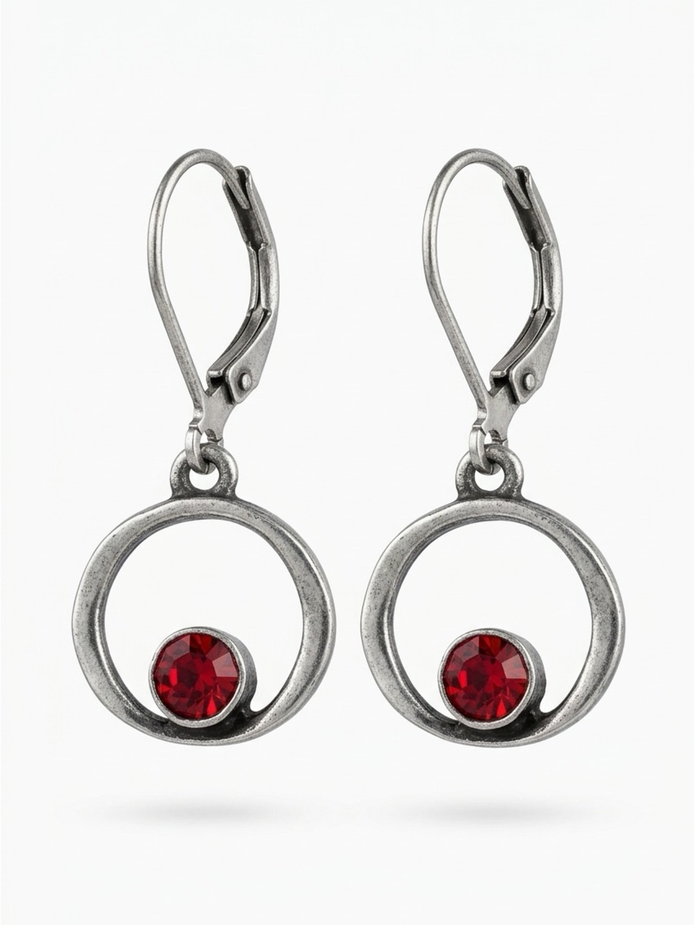 Silver-Tone Circle Drop Earrings with Red Crystal Accent